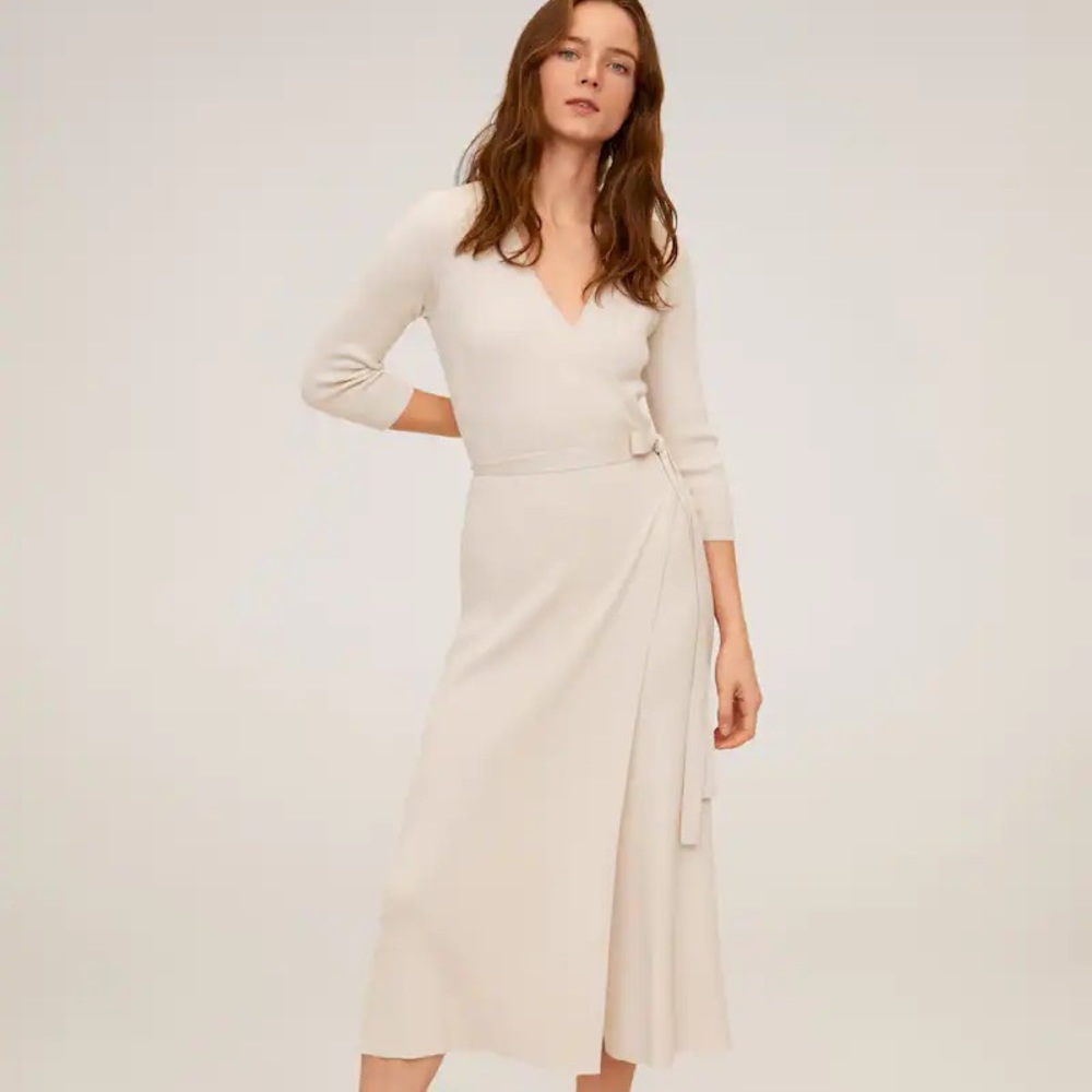 Mango Cream Wrap-Style Midi Dress